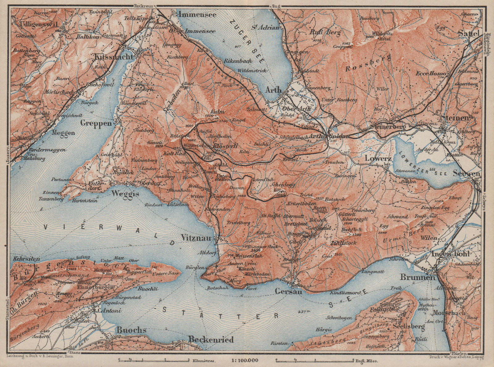 THE RIGI. Vitznau Lowerz Immensee Arth Gersau Bekenried. Topo-map 1909 old